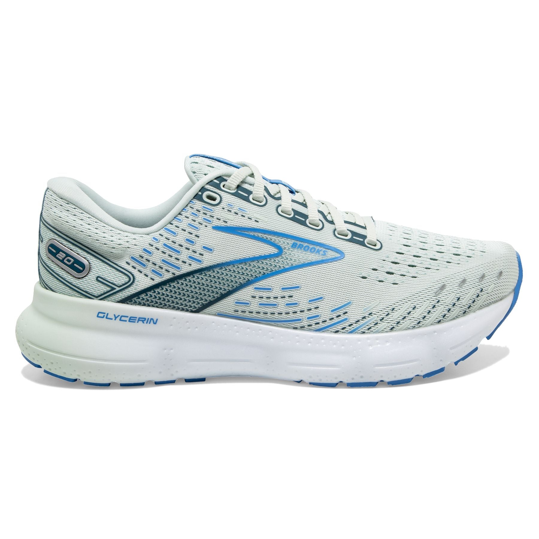 Lateral view of the Women's Glycerin 20 by Brook's in the color Blue Glass/Marina/Legion Blue