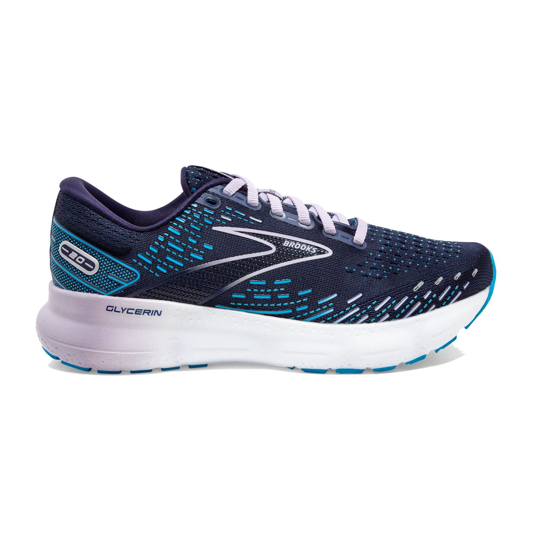 Lateral view of the Women's BROOKS Glycerin 20 in the Narrow "2A" width, color Peacoat/Ocean/Pastel Lilac