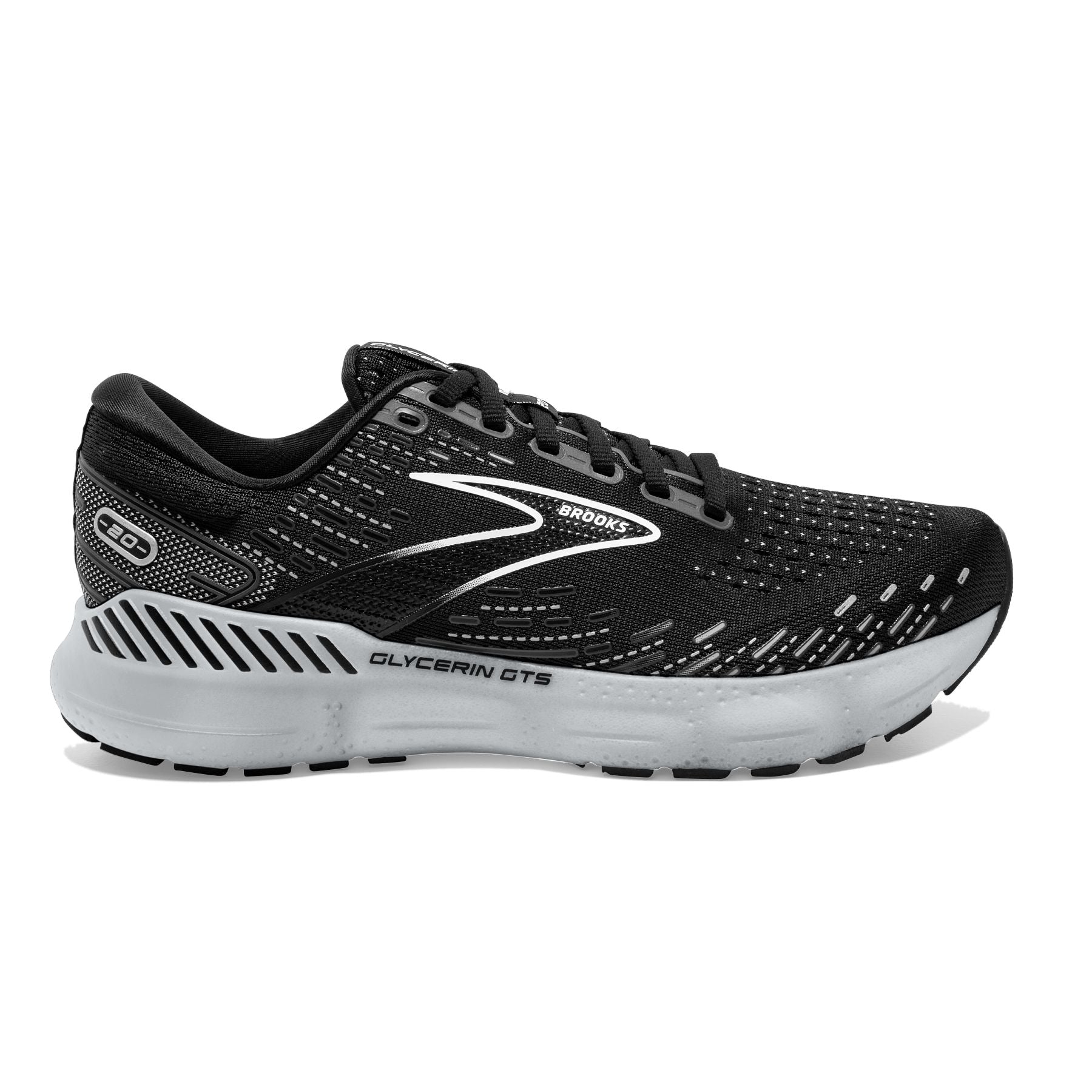 Lateral view of the Women's Glycerin GTS 20 in the Wide "D" width, color Black/White/Alloy