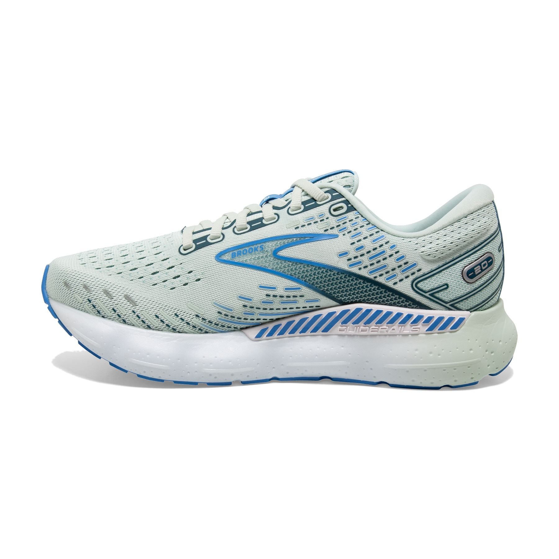 Medial view of the Women's Glycerin GTS 20 by Brook's in the color Blue Glass/Marina/Legion Blue