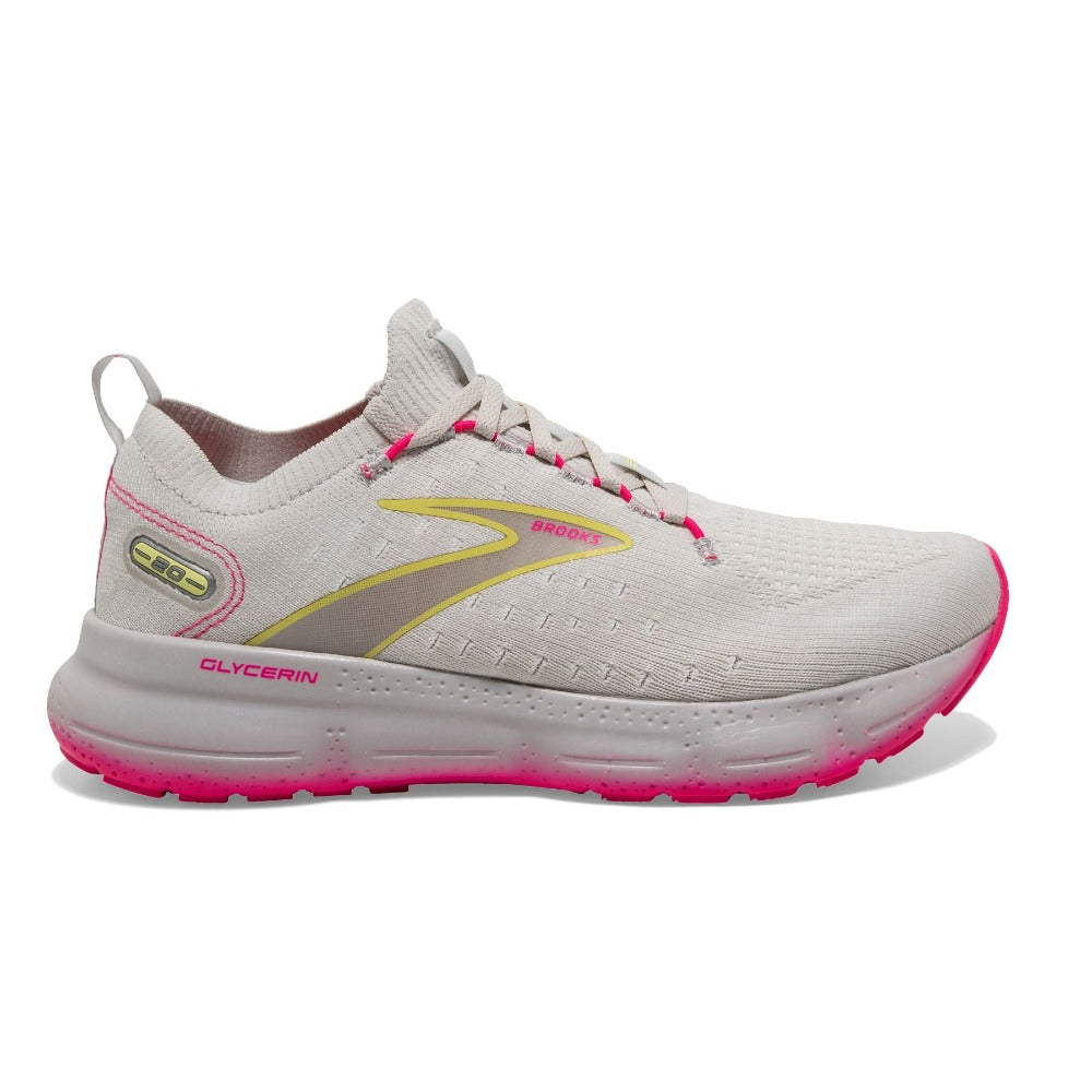 Lateral view of the Women's Glycerin Stealthfit 20 by Brooks in the color Grey/Yellow/Pink