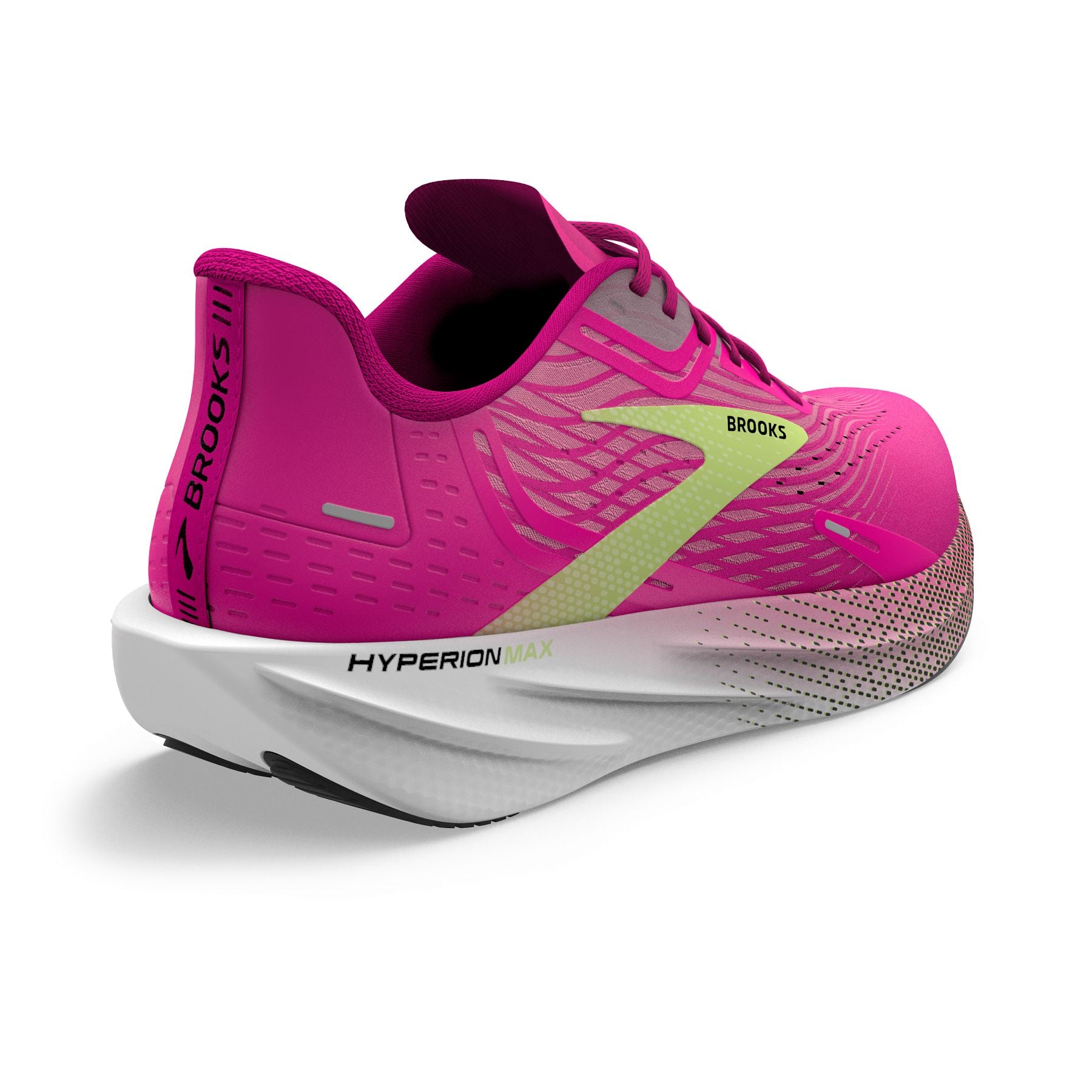 Back angle view of the Women's Hyperion Max by Brook's in the color Pink Glo/Green/Black