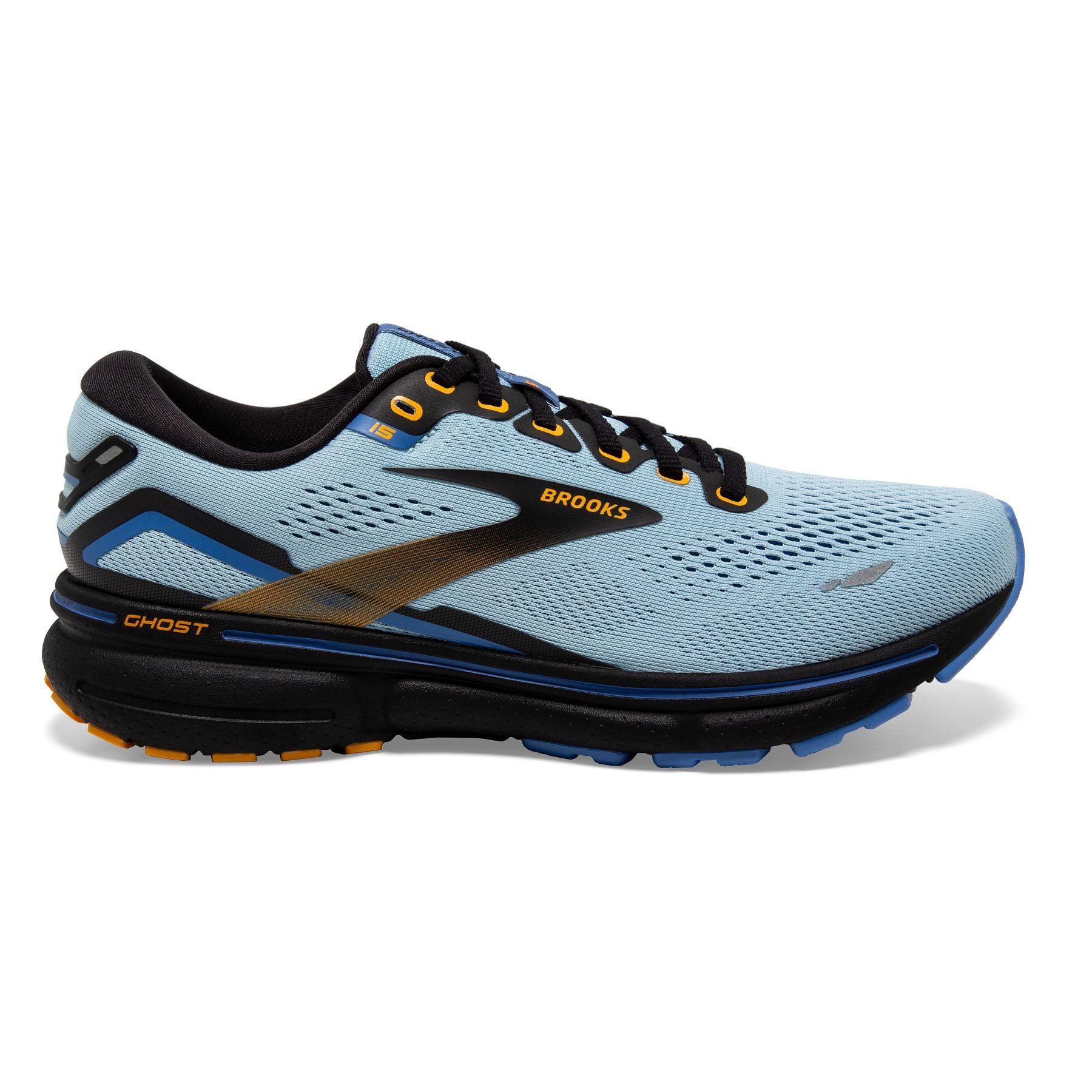 Lateral view of the Women's Ghost 15 by Brooks in the color Light Blue/Black/Yellow