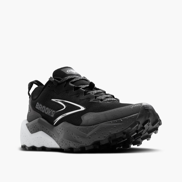 Black and gray running shoe with Brooks logo on a white background