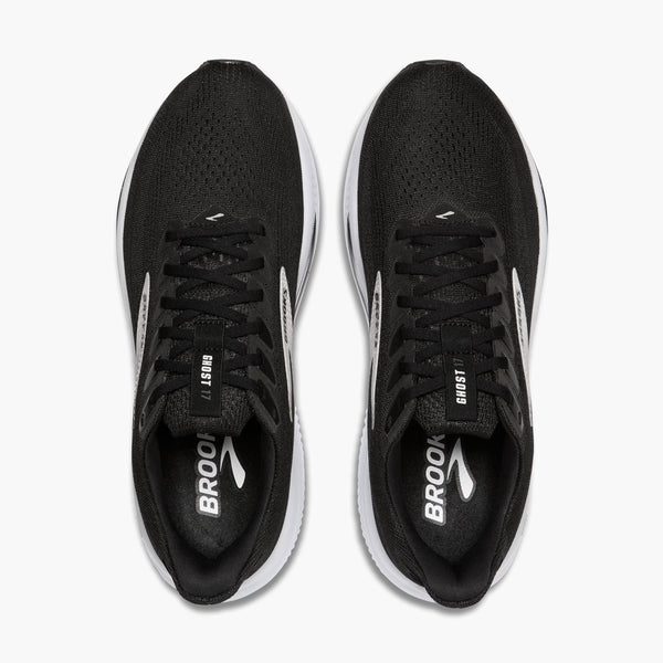 A pair of Brooks running shoes from the top down look and the style name on the tongue.
