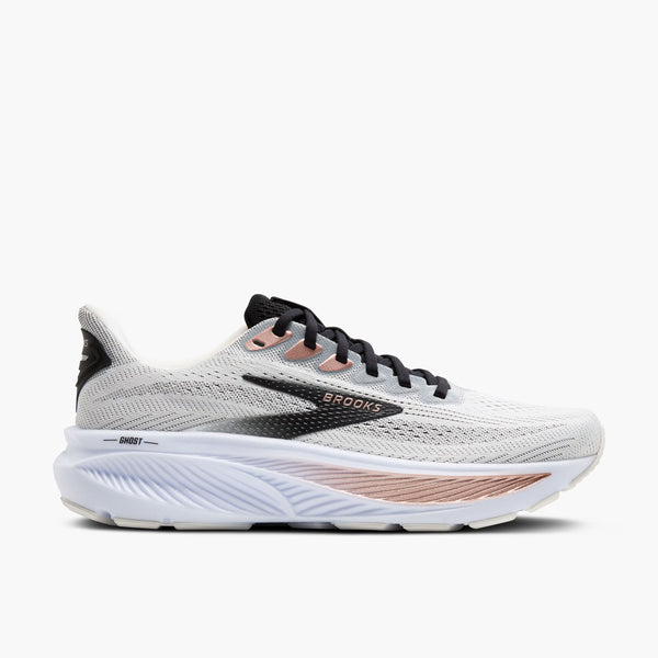 White running shoe with black and pink accents on a white background