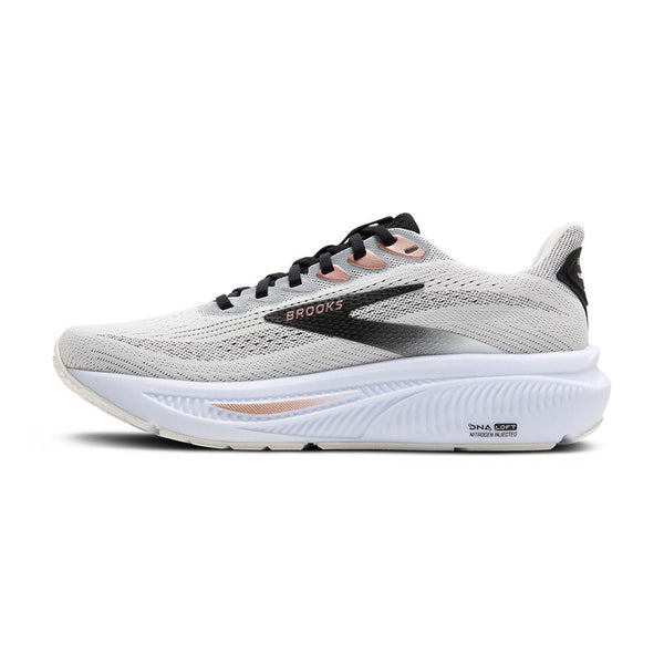 A black and grey ombre Brooks logo is in the middle of the upper on both sides.