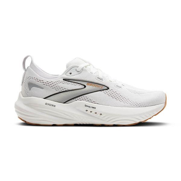 White running shoe with gray accents on a white background