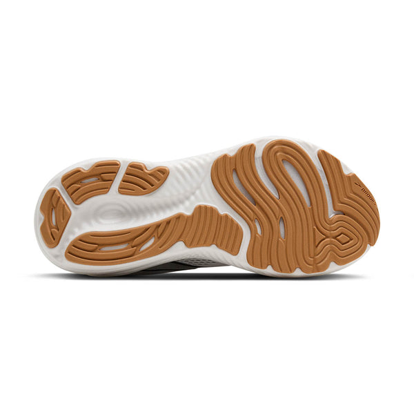 Close-up of a shoe sole with brown tread pattern on a white background