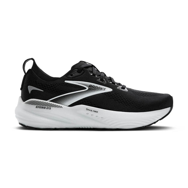 Black running shoe with white sole on a white background