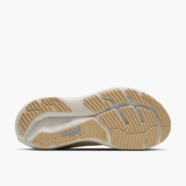 Sole of a running shoe with 'Brooks' branding on a white background