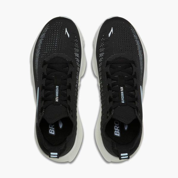 A pair of black Brooks Adrenaline GTS running shoes shown from a top-down view against a light gray background.
