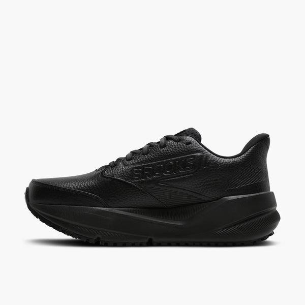 Black running shoe with 'Brooks' branding on a white background