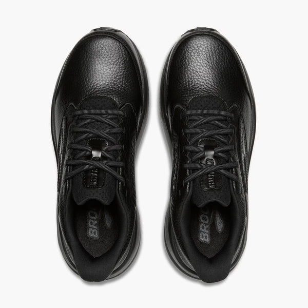 A pair of black leather athletic sneakers shown from a top-down view on a solid white background.