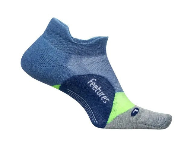 Blue and gray sock with green accents on a white background