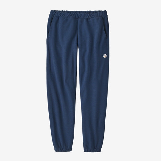 Front view of men's blue sweatpant with small logo on hip