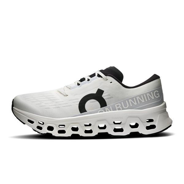 White running shoe with black accents on a white background
