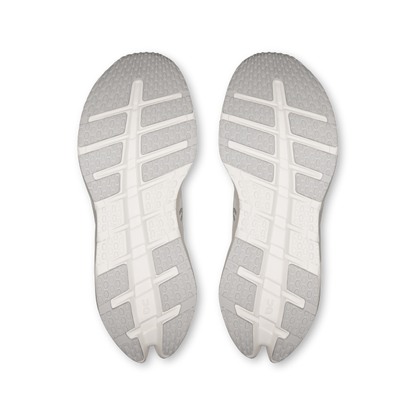 Top view of gray shoe insoles with white sole on a white background