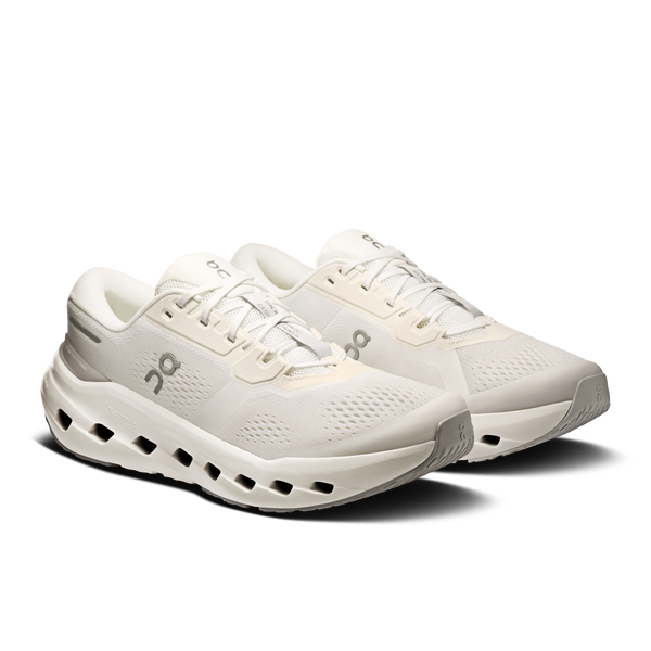 White running shoes with a brand logo on a white background