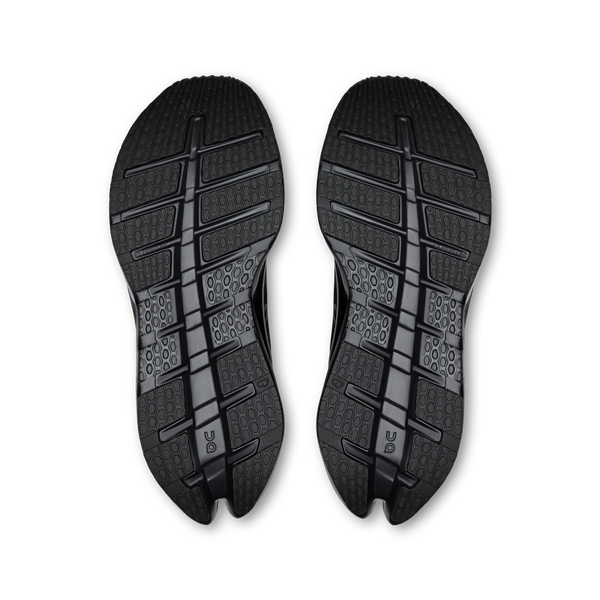 Black shoe soles with tread pattern on a white background