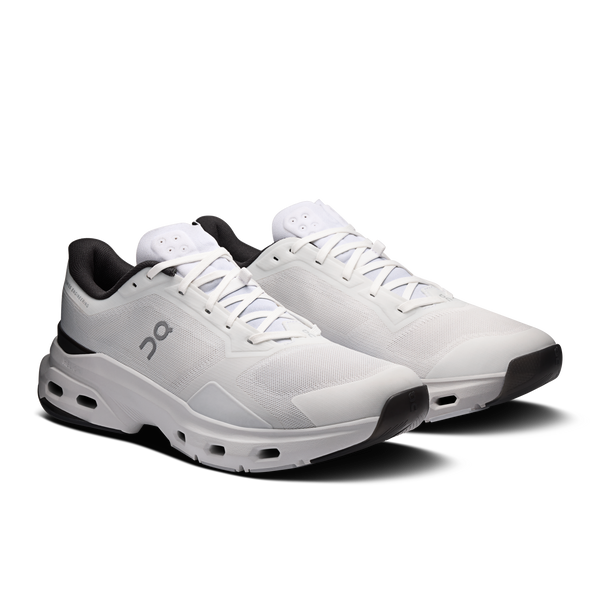 White running shoes with black accents on a white background