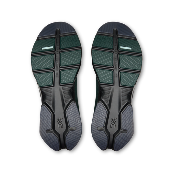 Top view of a pair of black and gray athletic shoes on a white background