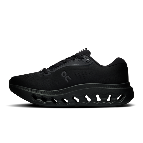 All black running shoe on a white background