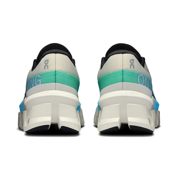 Back view of a pair of running shoes with a visible brand On logo's on each shoe on the white background.