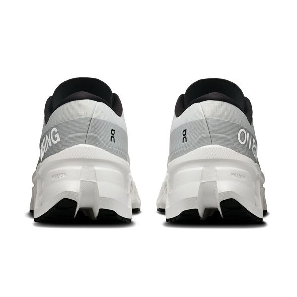 Back view of gray running shoes with 'On' branding on a white background