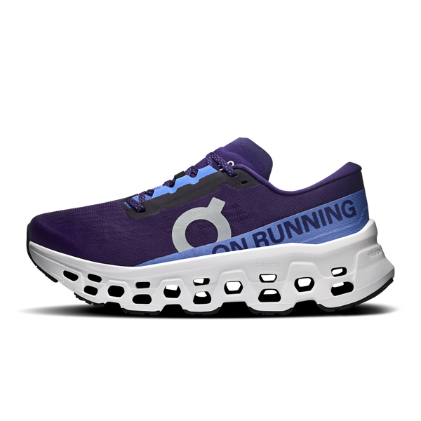 Purple and blue running shoe with 'On' branding on a white background