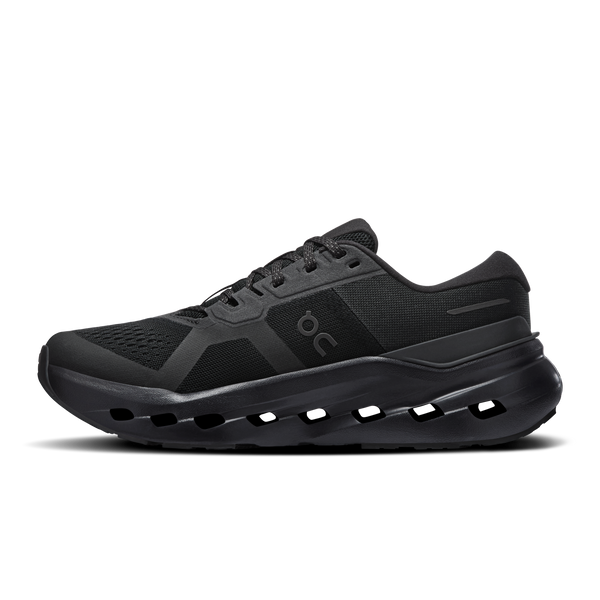 Black running shoe on a white background