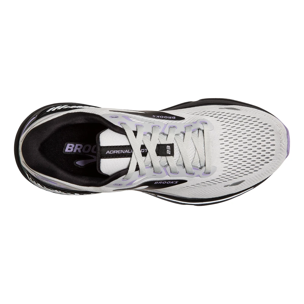 Top view of the Women's Adrenaline GTS 23 in the wide D width, color Grey/Black/Purple