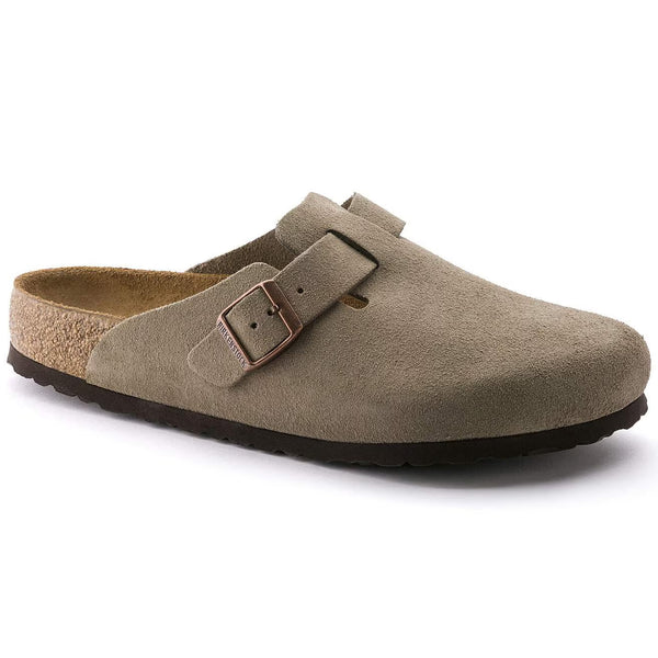 Taupe suede clog on a white background