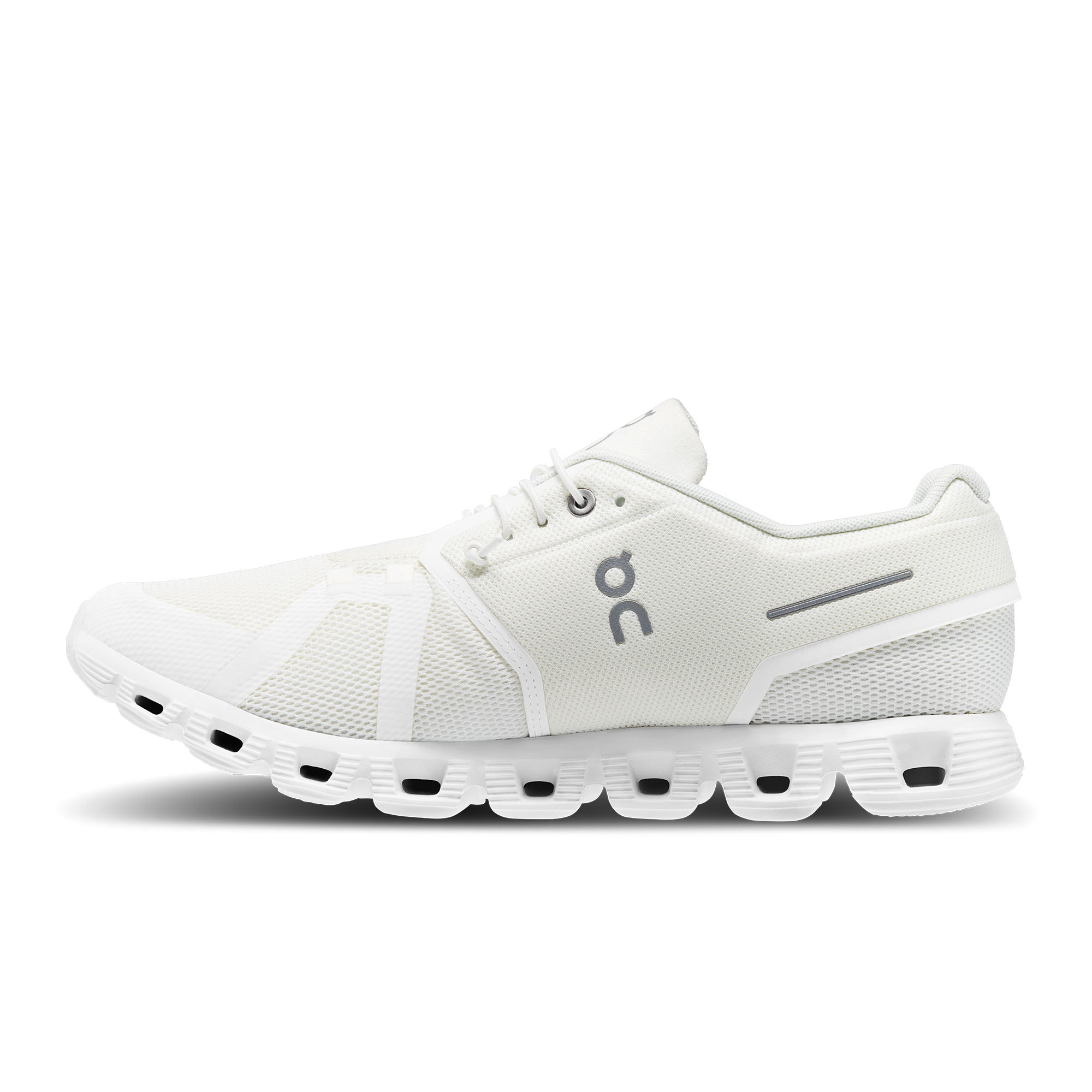 Medial view of the Men's Cloud 5 by ON in the color Undyed White/White