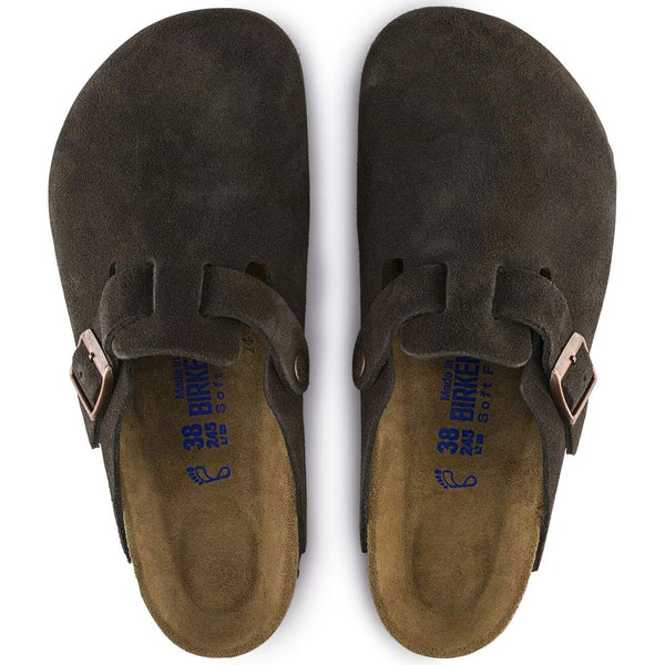 Deep brown suede clog on a white background