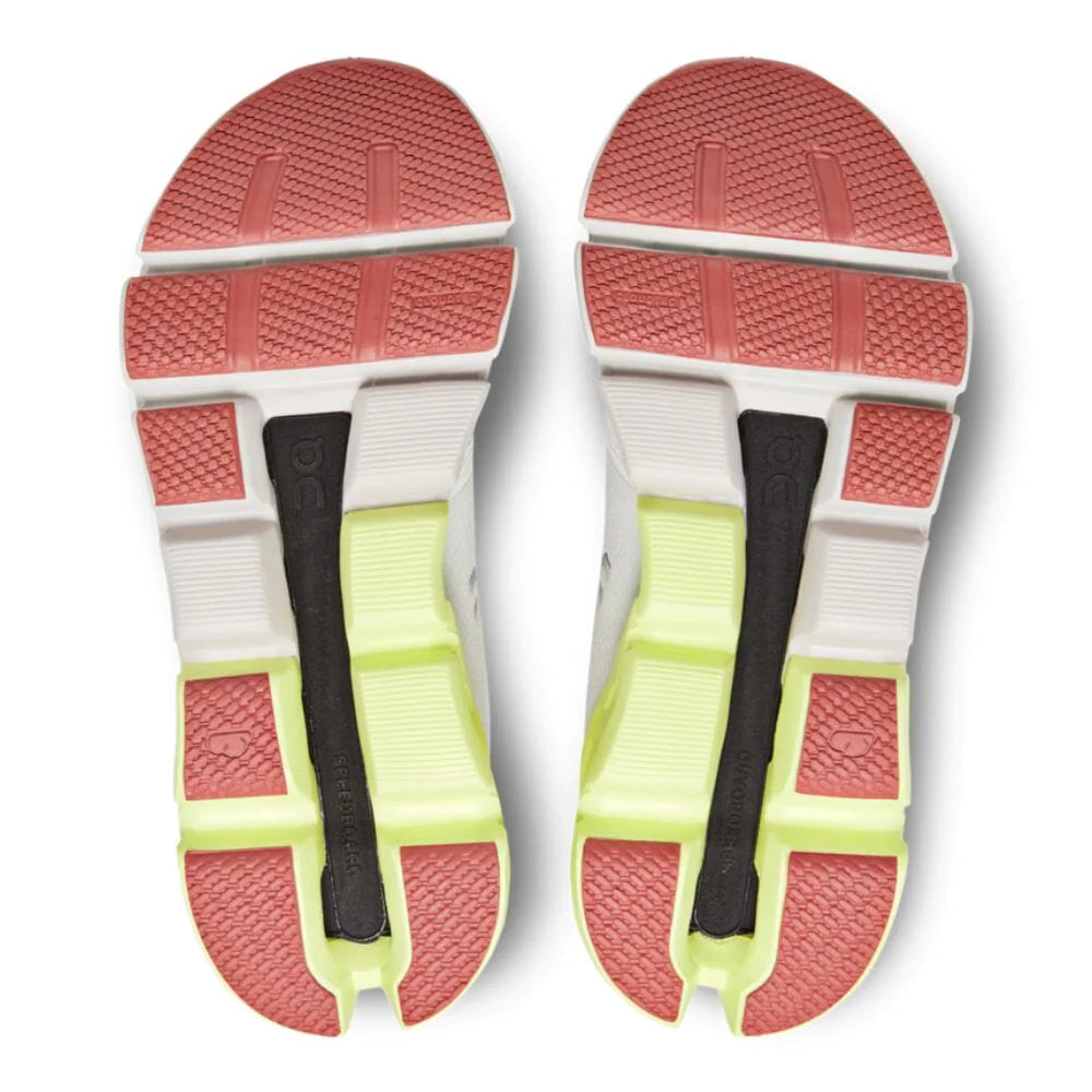 Bottom (outer sole) view of the Women's ON Cloudflyer 4 in the color White/Hay