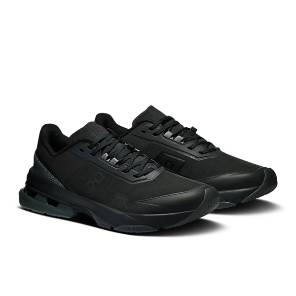 A pair of black athletic running shoes with tonal detailing, shown from a three-quarters angle on a clean white background.