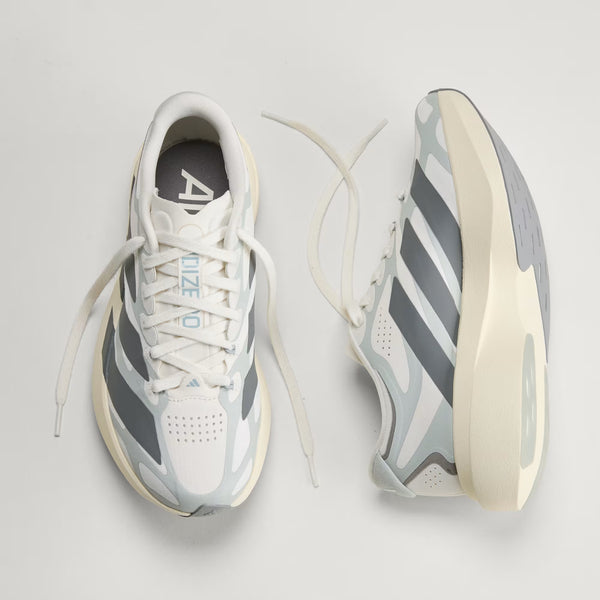 A pair of Adidas adizero Evo SL EXO sneakers in white, gray, and beige, shown from a top-down view on a light gray background.