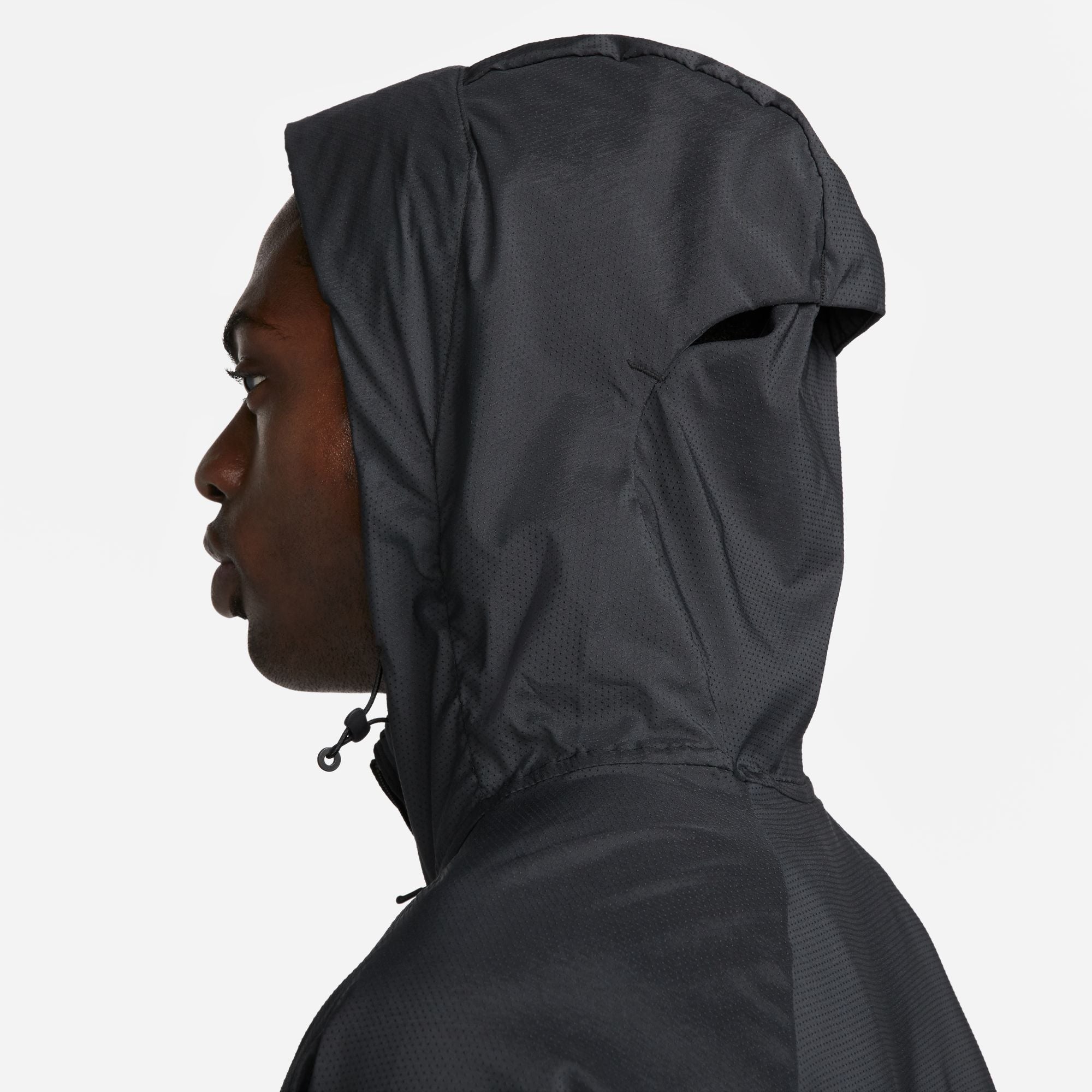 hood view of mens impossibly light jacket