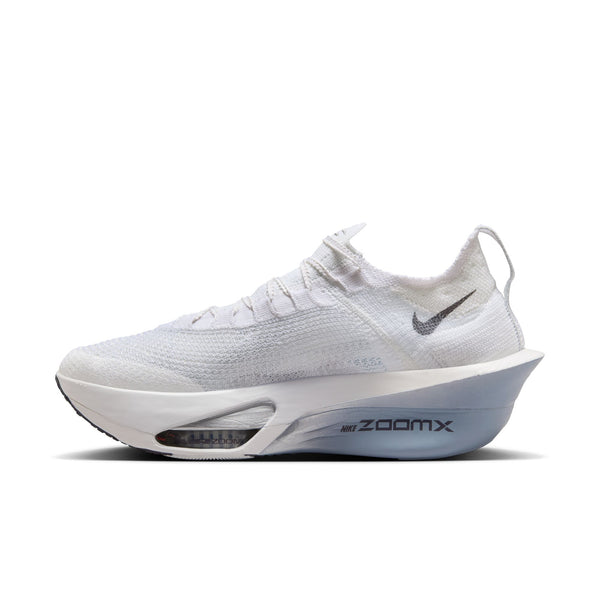The medial side of this Men's Alphafly 3 is mostly all white with a few differnt types of knit.