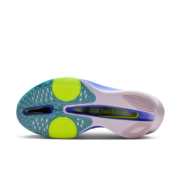 Close-up of a running shoe sole with 'Fly plate' branding on a white background.