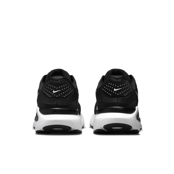 Black running shoes with white sole on a white background.