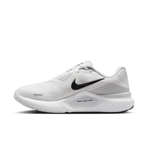 White running shoe with black Nike logo on a white background.