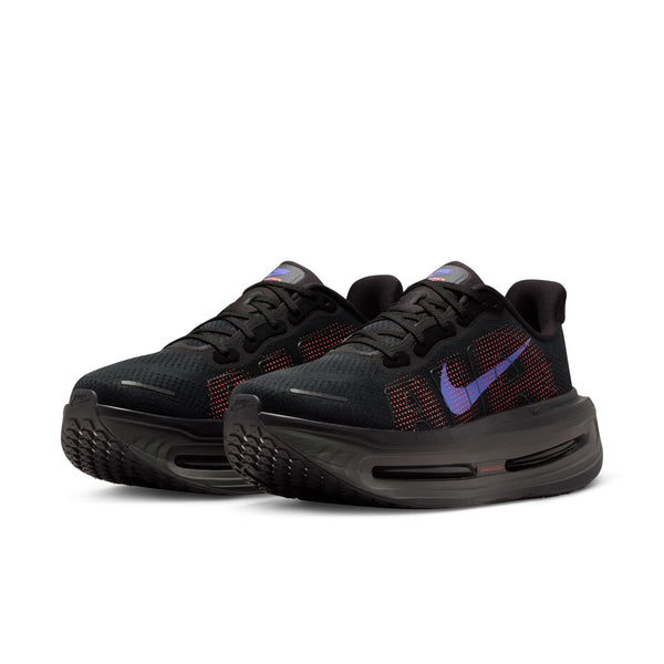 Black and gray sneaker with a red logo on a white background