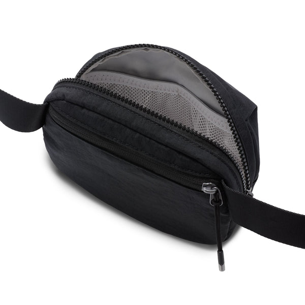 Black waist bag with a visible zipper on a white background