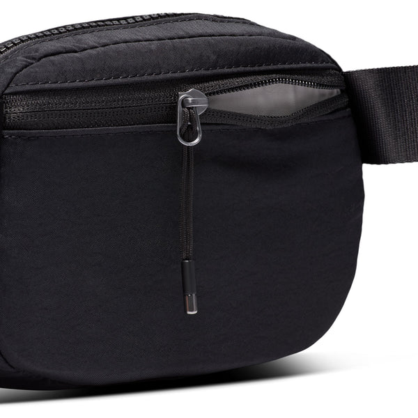 Black waist bag with a visible zipper on a white background