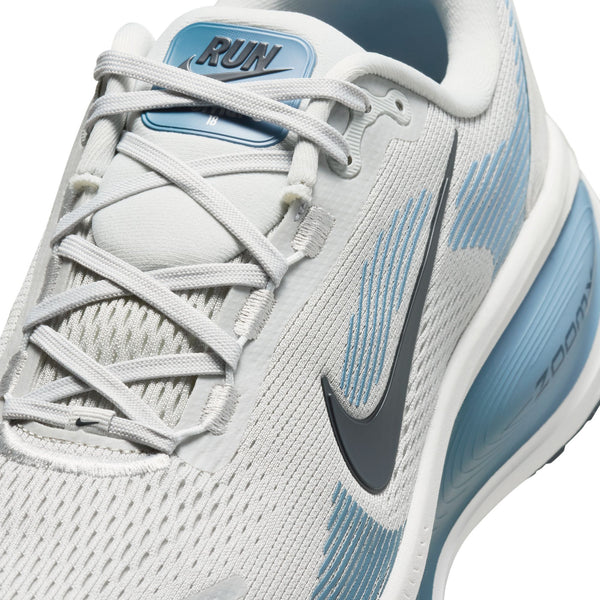 Gray running shoe with blue accents and 'RUN' text on a white background