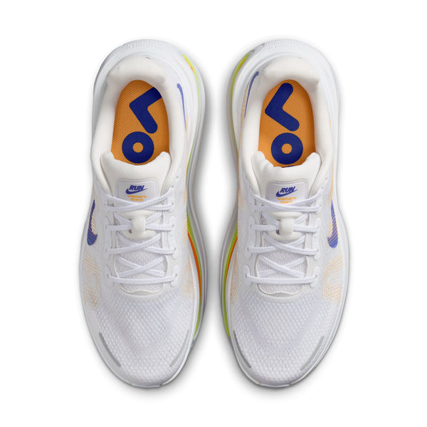 White running shoes with colorful accents on a white background