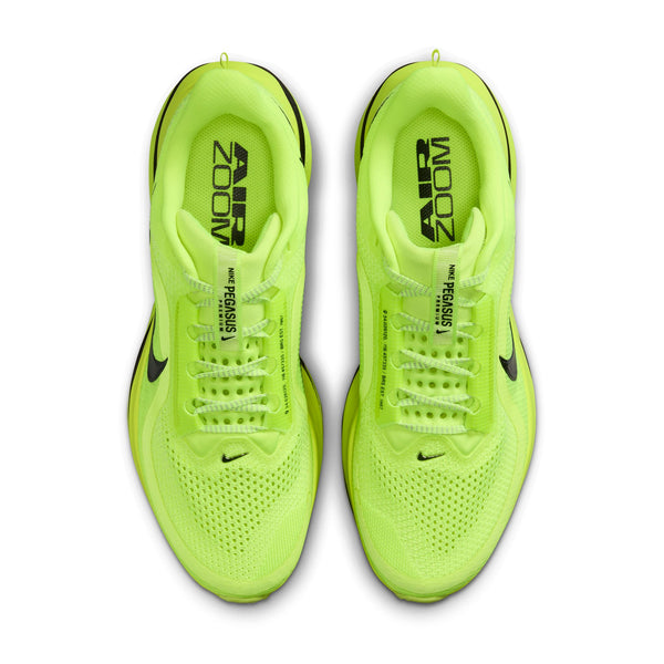 Pair of neon green running shoes with black text on a white background
