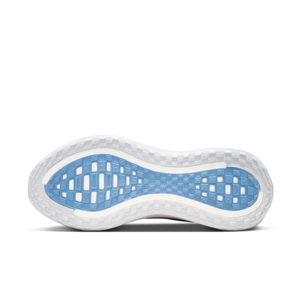 Sole of a shoe with blue and white pattern on a white background